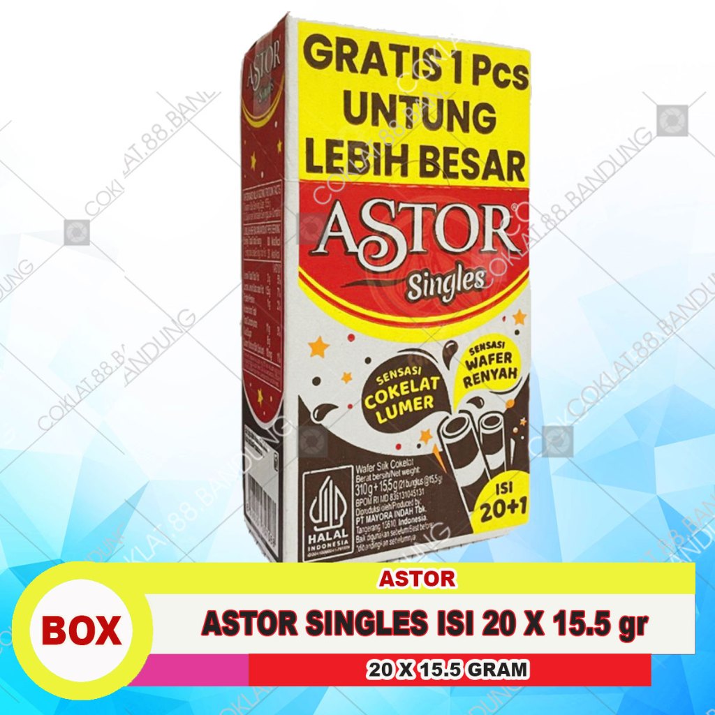 

Astor Singles Box 20 Pcs X 15.5 gr, Astor Singles Isi 20 X 15.5 gram, Astor Coklat Wafer Choco Roll