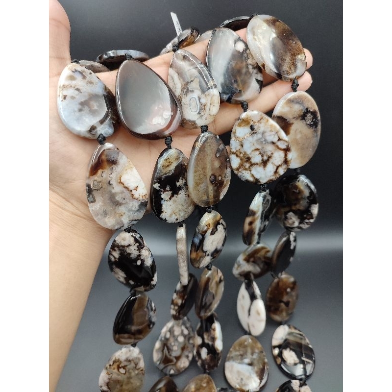 Manik Batu Alam Flower Agate / Blossom Agate 57708 Oval Gepeng 9 PCS