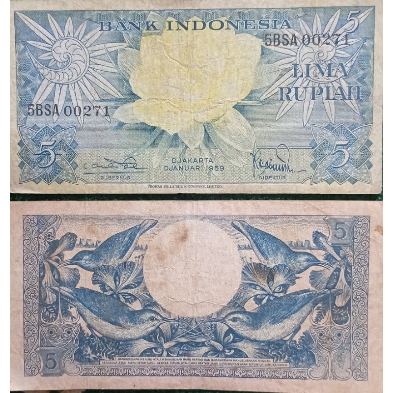 Dua Lembar Uang 5 Rupiah Th 1959