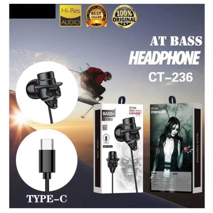 Handsfree Skull CT-236 Headset Konektor Type C Stereo Earphone AT Bass Headphone