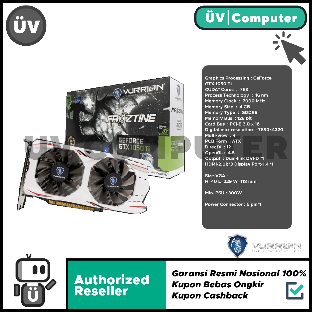 VGA Card Nvidia Vurrion Geforce GTX 1050 TI 4GB DDR5 128bit White
