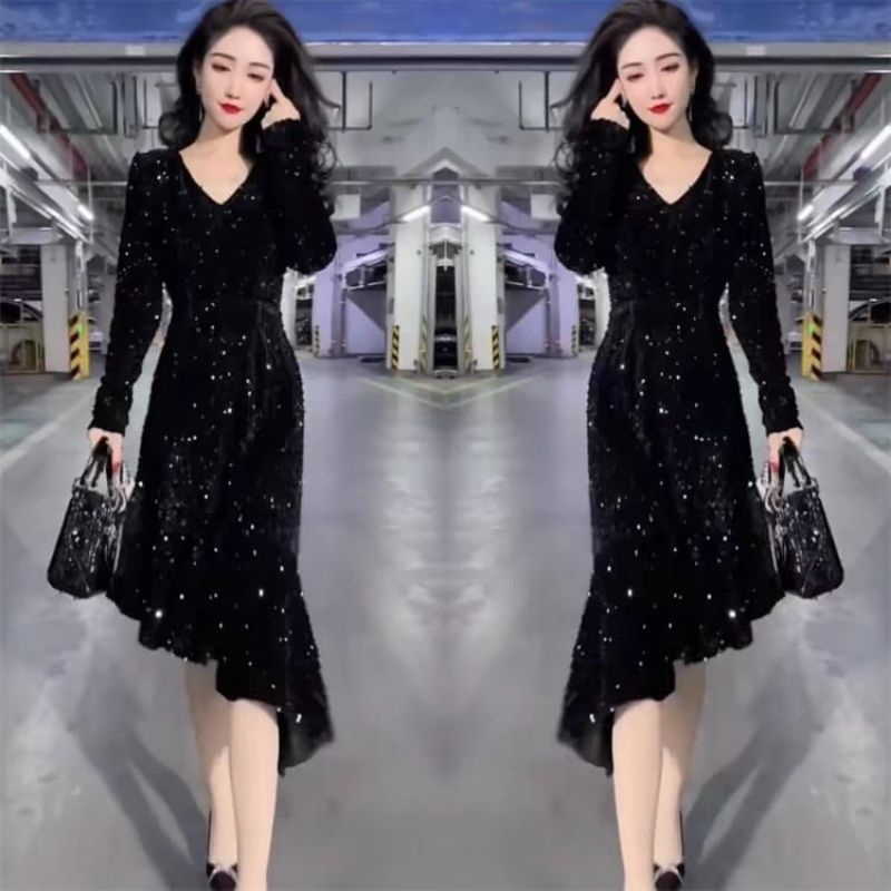 dress glitter bling blink kilau mengkilat glam glamour gatsby mewah high low dress korean black dres