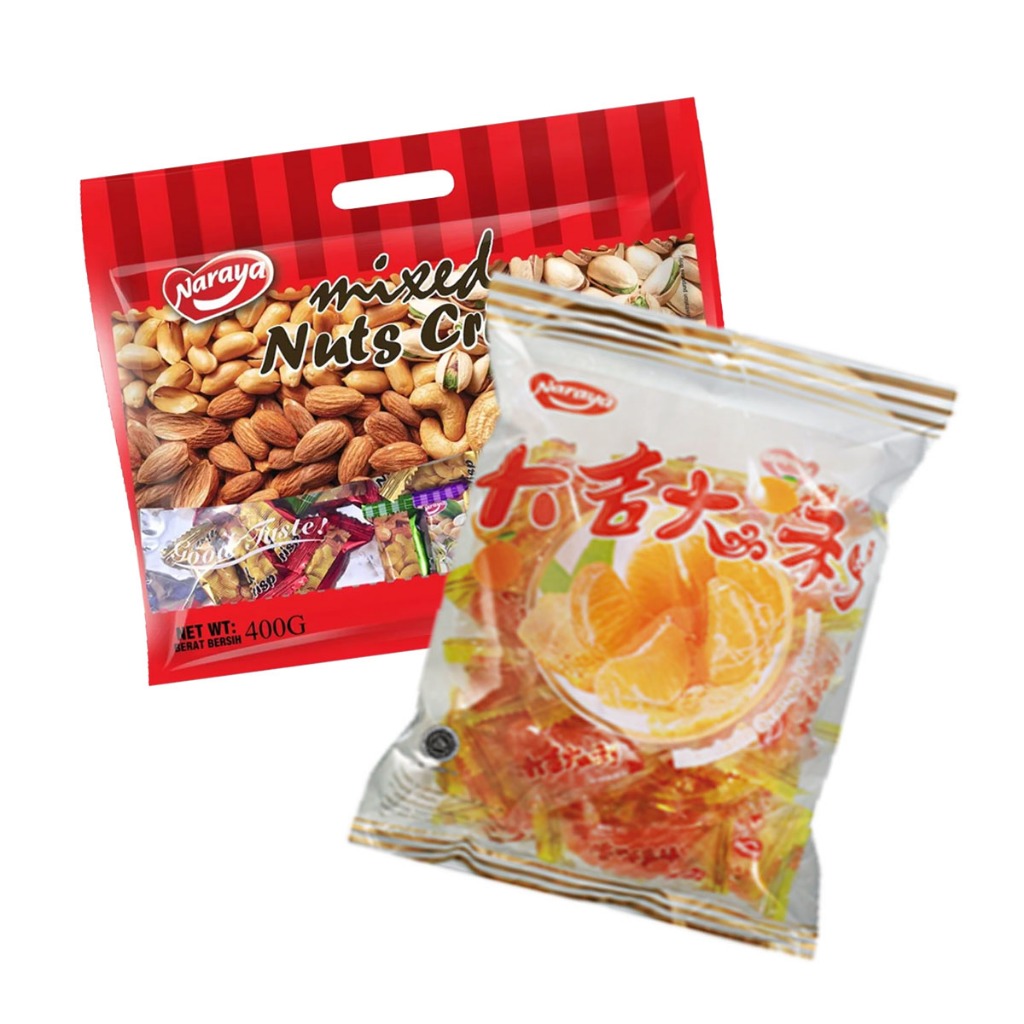 

COMBO MURAH Naraya Jelly Jeruk 500gr + Mixed Nuts Crisp 400gr Permen Tingting Kacang Panggang Halal