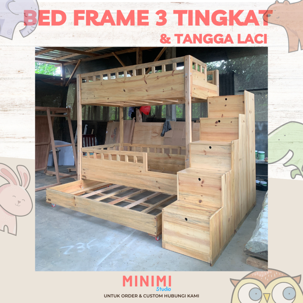 Bed Frame 3 Tingkat + Tangga Laci Tempat Tidur Anak