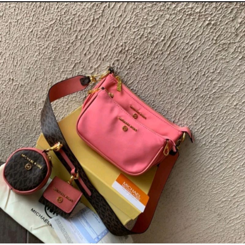 (JUAL RUGI) BARU BELUM PERNAH PAKAI  tas selempang  emka nylon mk double bag luxury mirror 1:1 pink 