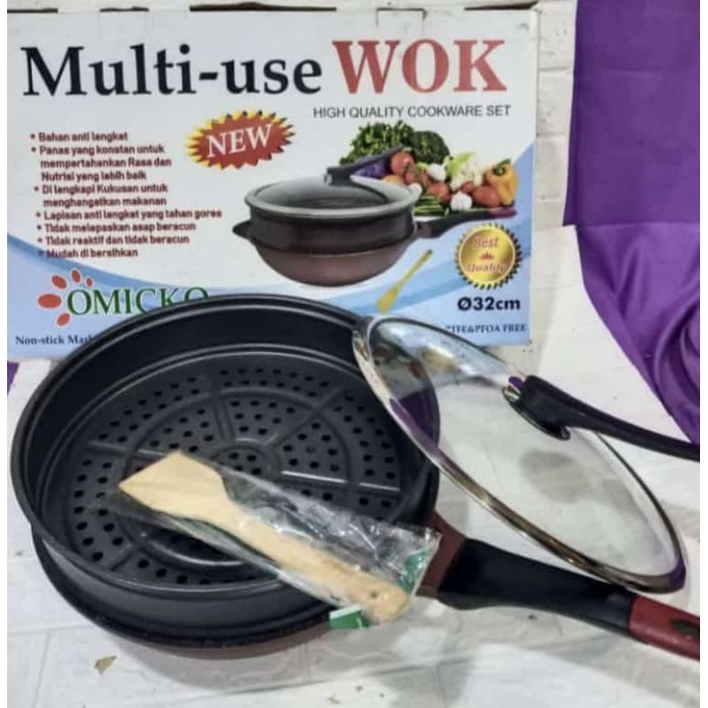 Panci wok +  steamer omicko multi use wok non stick  marbel Anti lengket Bahan tebal Ukuran 32 cm
