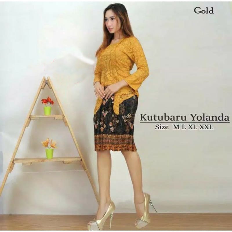 Kebaya Remaja Brokat Kutu Baru Atasan dan Setelan Rok Plisket Batik / Kebaya Kutubaru  Maroon Gold