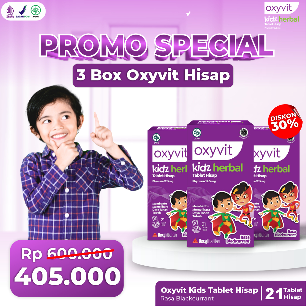 

(3 Box) Promo Special Oxyvit Kidz Herbal Hisap - Menjaga Kesehatan Pernafasan & Daya Tahan Tubuh Anak @21 Tablet Hisap Rasa Blackcurrant