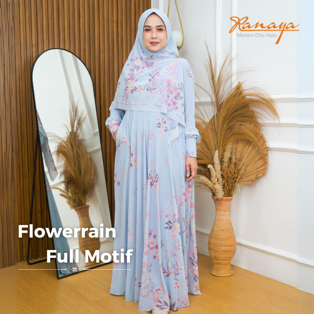 Gamis Umroh Haji Set Syar'i Flowerrain Full Motif Printing Bunga Premium By RANAYA