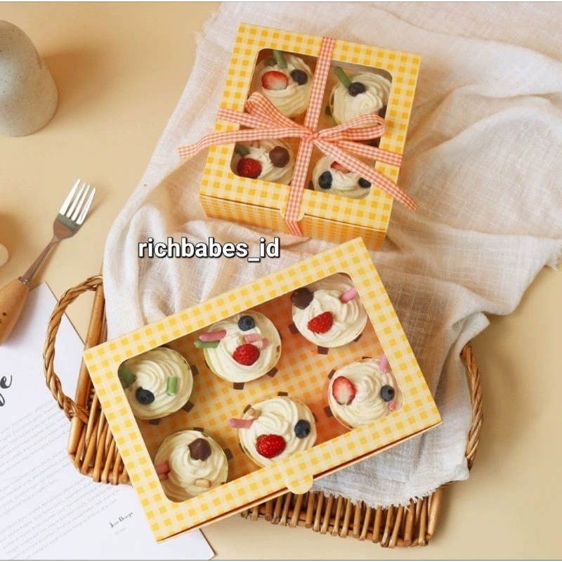 Box kue dus kue sekat motif gingham motif kotak kotak muffin box cupcake dus cup cake sekat packagin
