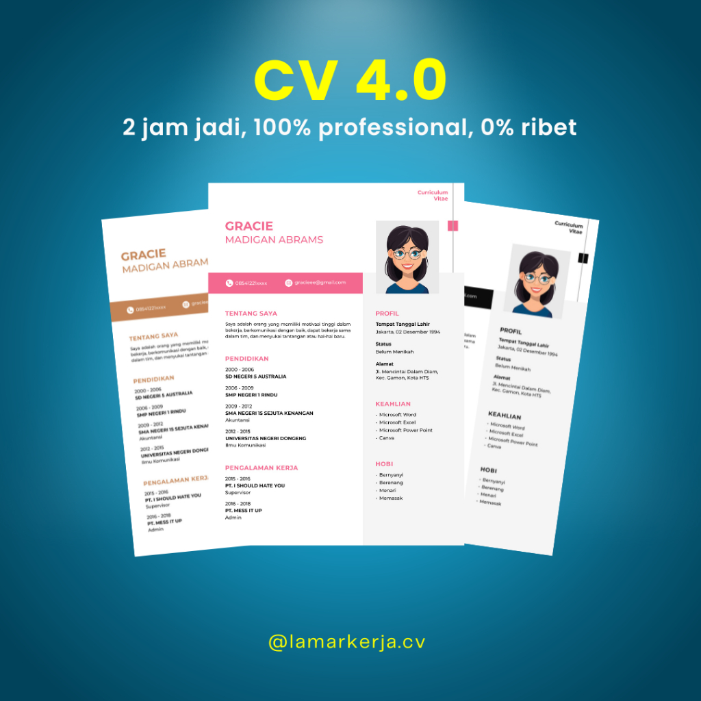 Jasa Pembuatan Curriculum Vitae (CV) / CV Lamaran Kerja / Joki CV / Bikin CV Cepat (Desain 4.0)