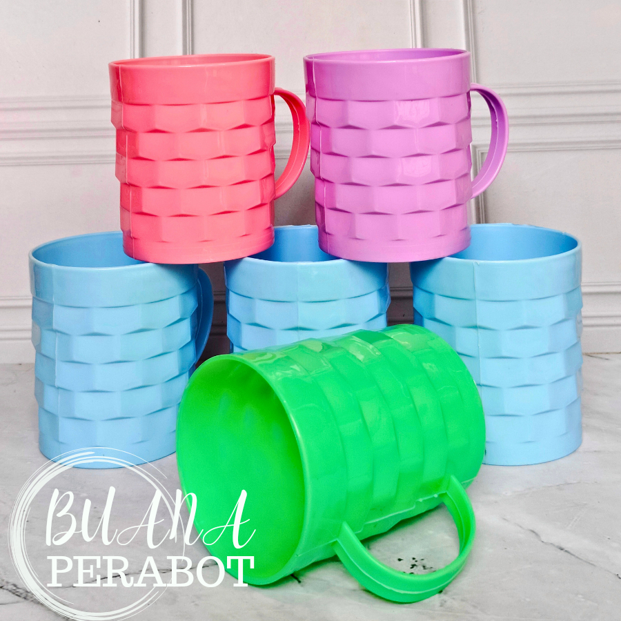 PROMO MURAH ISI 6 PCS GELAS PLASTIK / GELAS GAGANG MOTIF TIKAR MULTI WARNA 400 ML TAHAN PANAS