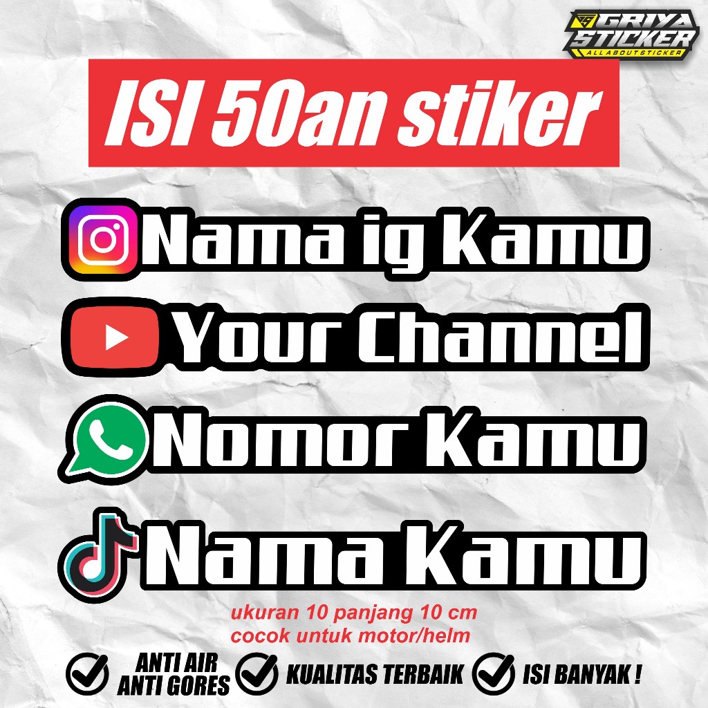 Sticker username - Stiker nama sosmed instagram tiktok channel youtube whatsapp twitter wa custom mu