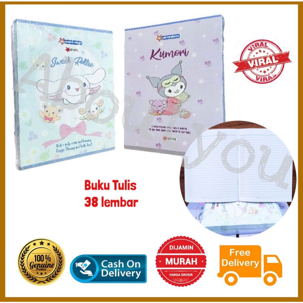 

HJK Viral 10pcs Buku Tulis KUROMI Cinnamoroll Buku Sanrio 38 Lembar Karakter Kuromie Book