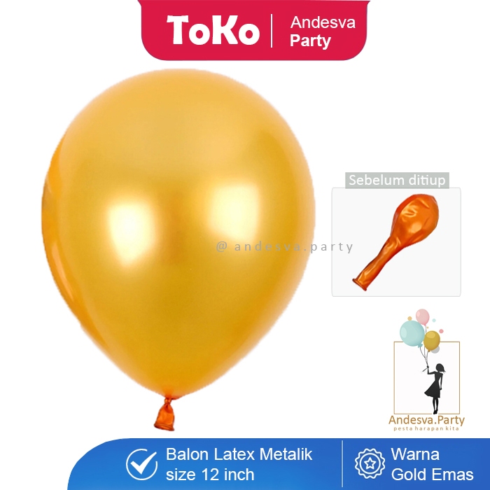 Balon Metalik Gold / Balon Latex Warna Gold / Balon Karet Polos 12 Inch / Balon Dekorasi Pesta