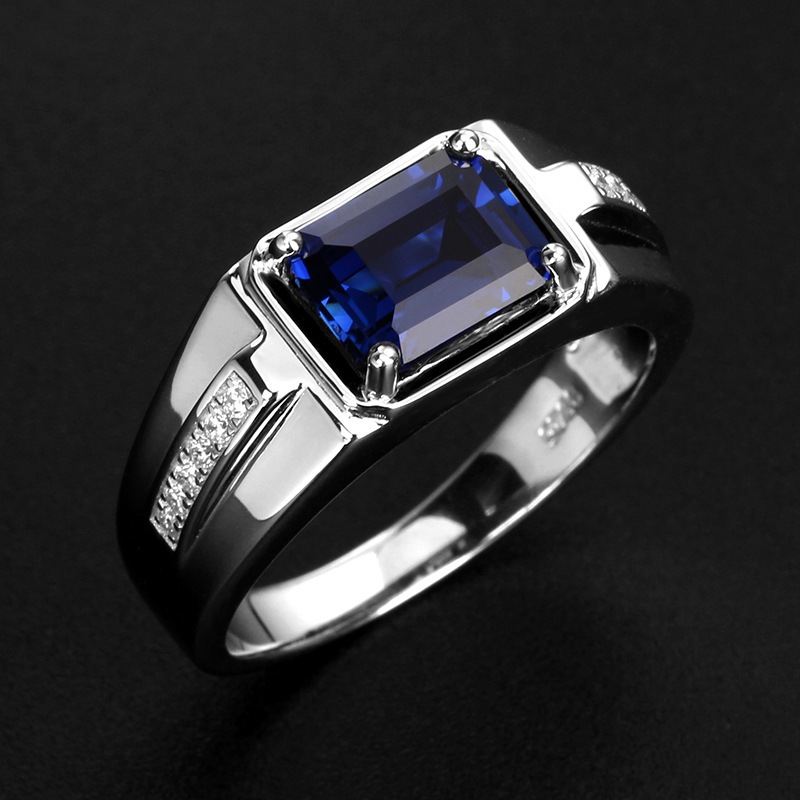 Cincin Permata Biru Safir Imitasi / Cincin Zircon Biru Geometris Mewah / Cincin Pria Wanita Blue Sap