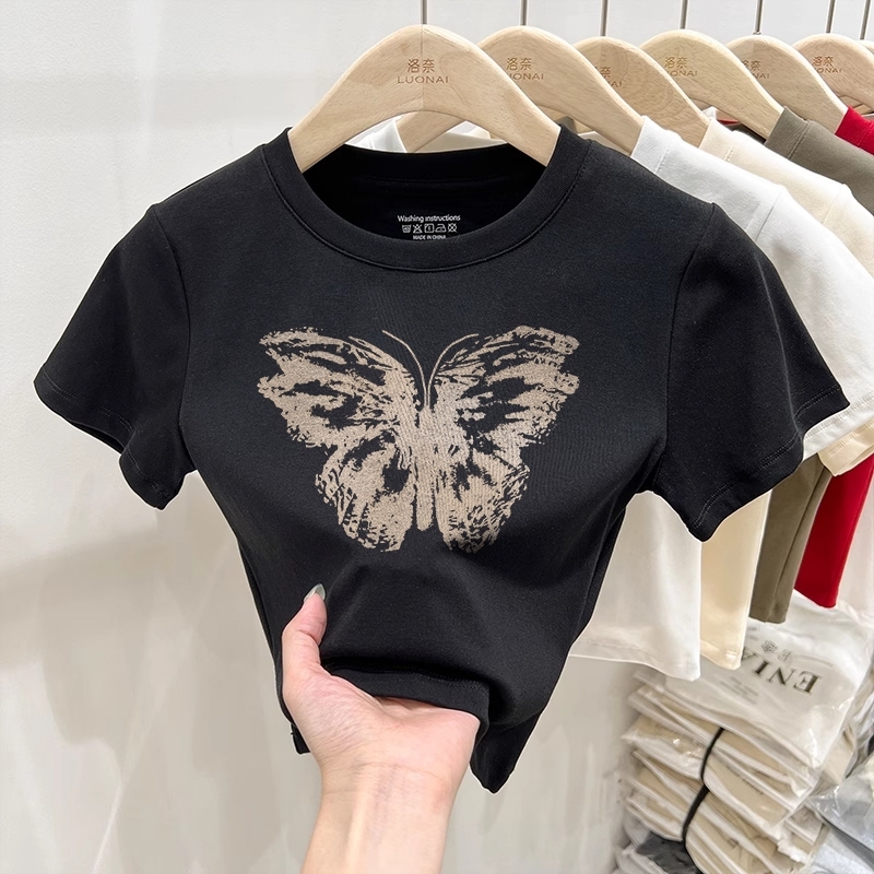 Yiyoyi Kaos Pendek Bermotif Kupu-Kupu/Crop Top Wanita/Baju Crop Wanita/Baju Crop Kupu Kupu