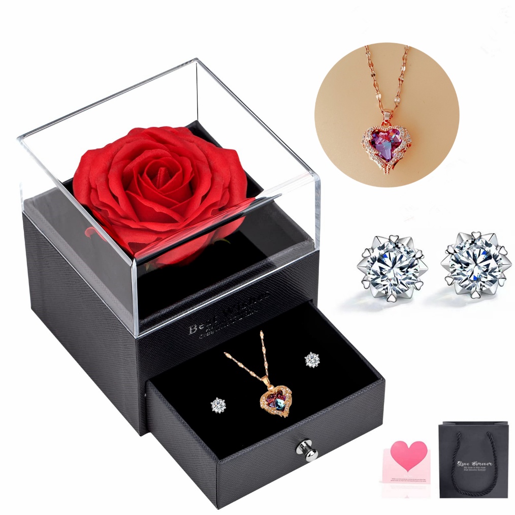 Topspot Mawar Bunga Abadi Sayap Malaikat Cinta Hati Kalung dan AntingAnting PerakEmas Set Perhiasan 