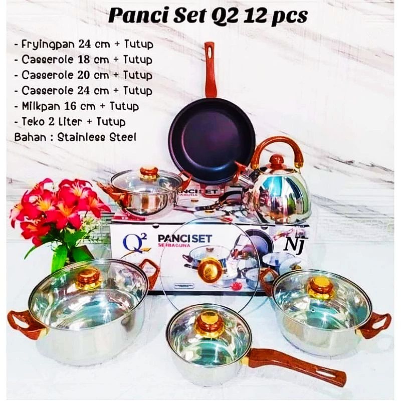 Panci Set Stainless Q2 8212 / panci set rumah tangga / panci susun plus teko q2