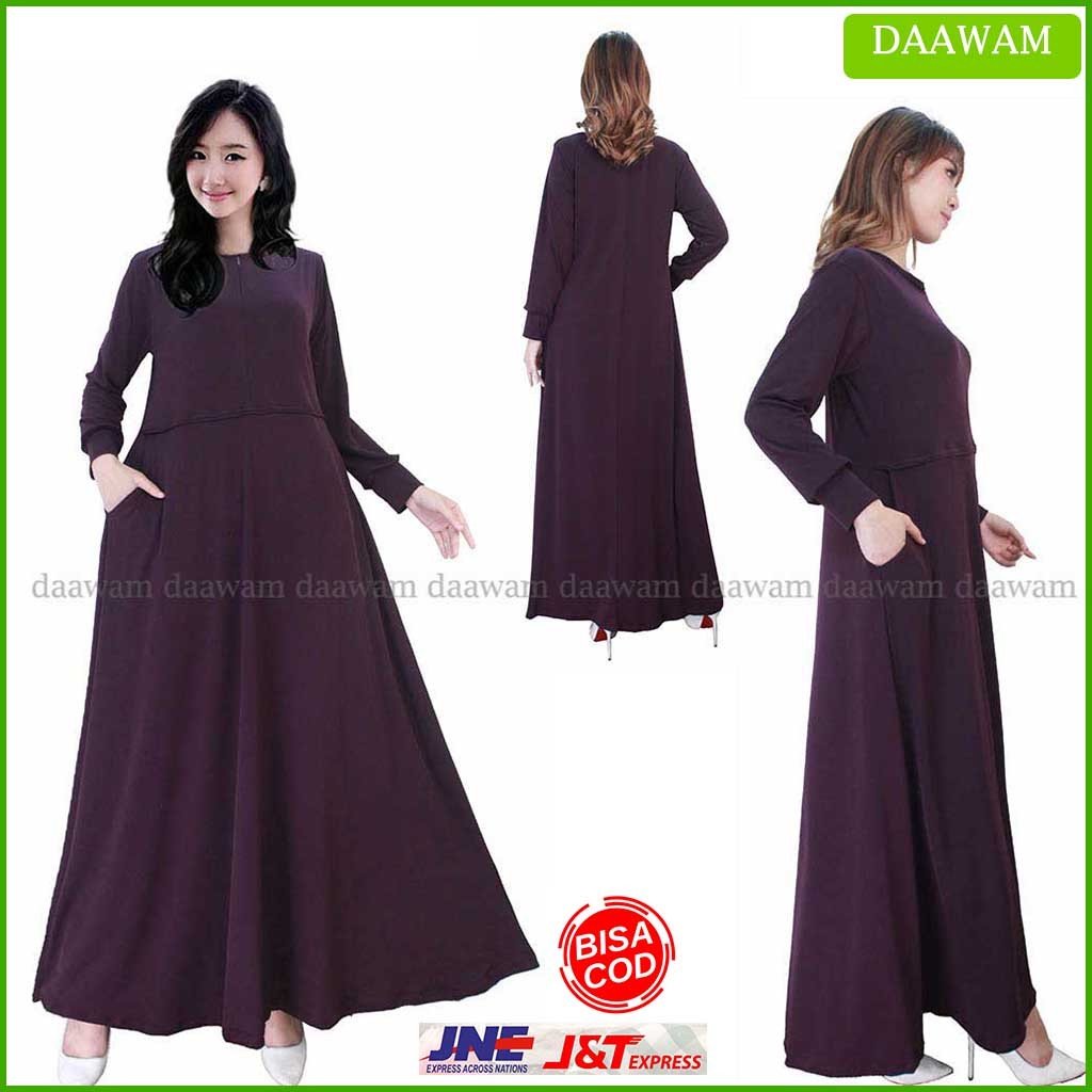 Daawam Gamis Polos Resleting Depan Spesialis Bahan Jersey Original Size S M L XL XXL Warna Ungu Tua