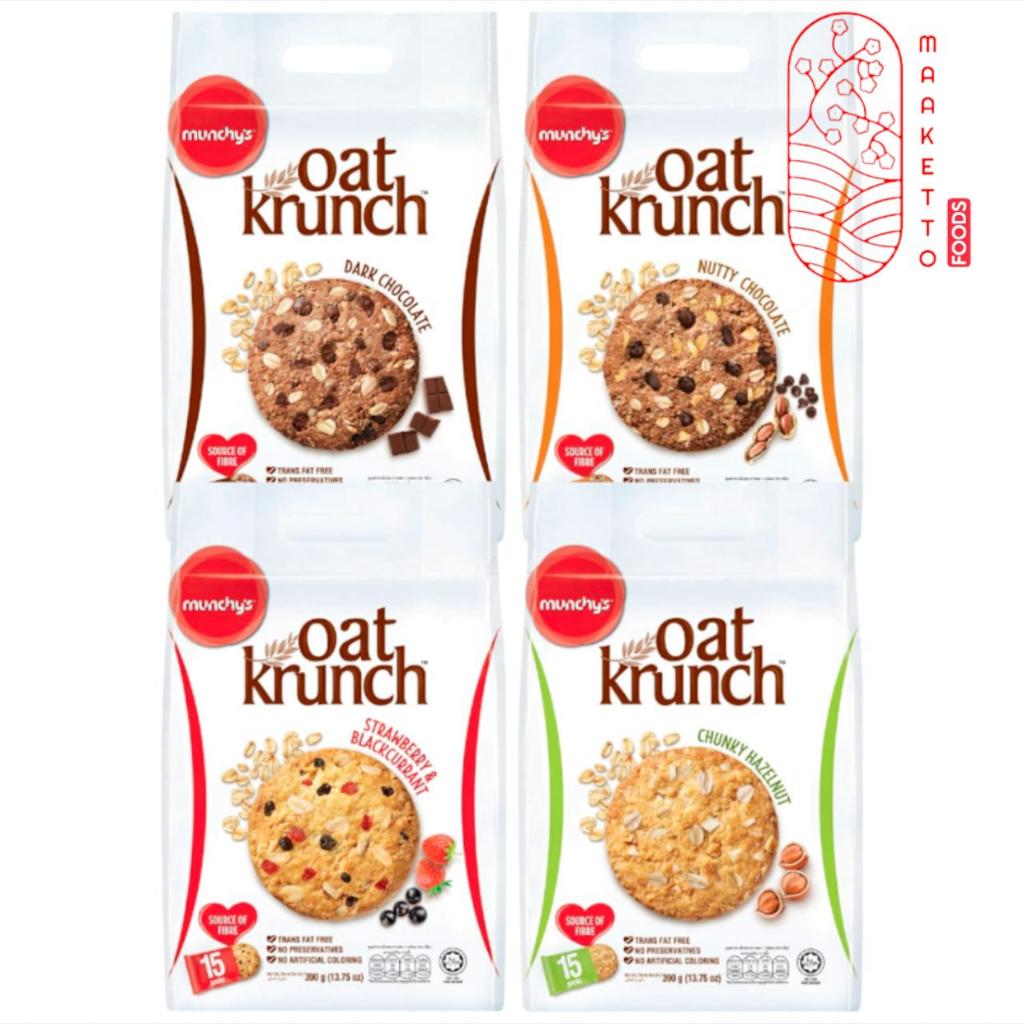 

Biskuit Munchys Oat Krunch Strawberry Hazelnut Dark Chocolate Nutty Chocolate