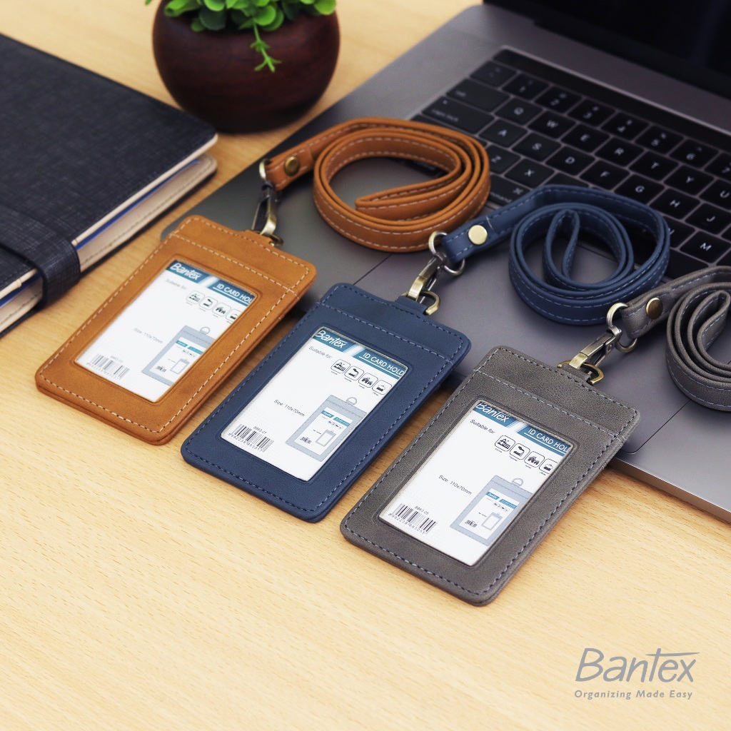 

Bantex Leather Name Tag ID Card Holder Button Kulit Sintetis Lanyard Tali