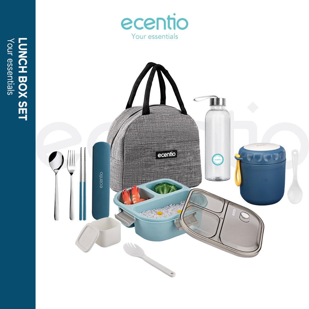 	 ecentio lunch box botol set 3 grid 1100ml anti bocor kotak makan free sendok	
