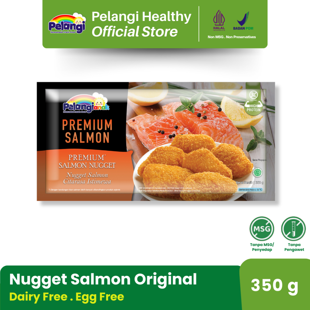 

PELANGI Nugget Ikan Salmon Premium - Egg Free - Dairy Free - No MSG - No Preservatives - Halal BPOM