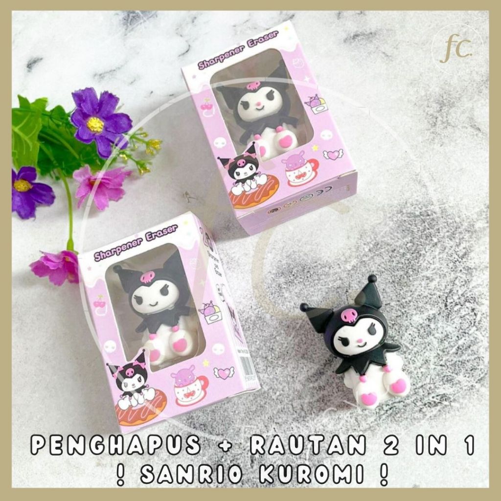

Sharpener + Eraser 2 in 1 Rautan + Penghapus Karakter Miniatur Sanrio Sanx Kuromi ER-1222 Ungu Pastel Clean Erasing Dust Free Mini Cute Merchandise Souvenir ATK Harga Grosir Ready COD