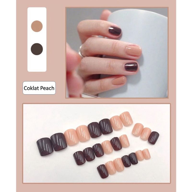 ( diolyn.id ) 24 PCS KUKU PALSU + LEM Motif glossy polos merah maroon cream | Fake nail korean style