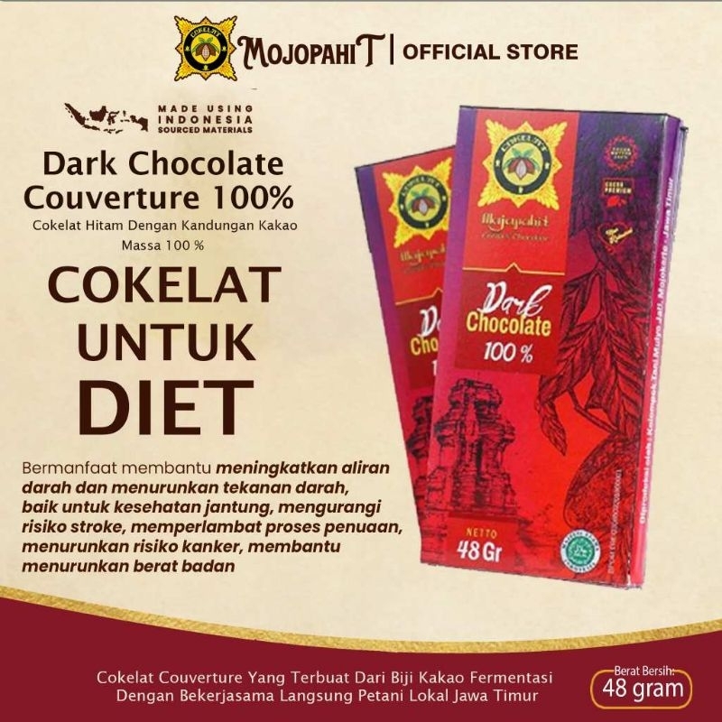 

Cokelat Hitam| cokelat untuk diet | Cokelat Majapahit bar 48 gr| Dark Chocolate 100%