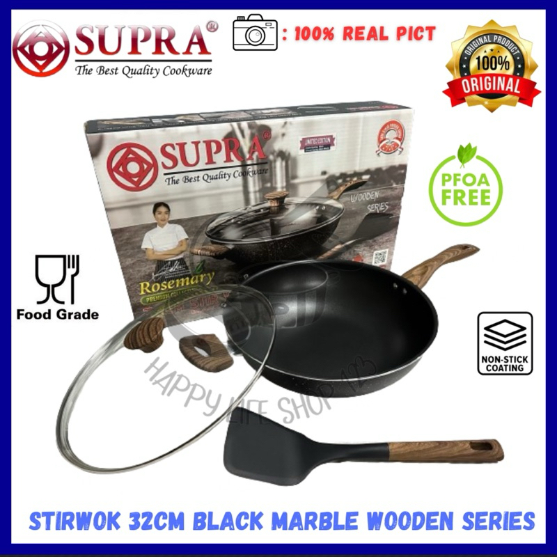 SUPRA Stirwok 32cm +LID Black Marble / Panci Supra 32cm Black Marble