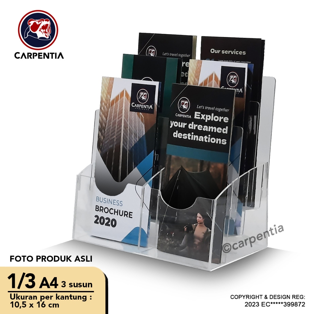 

Carpentia Tempat Brosur Akrilik 3 Tingkat [1/3 A4 - A6] Tipe E2 - 3 Susun [Acrylic Display Holder, Kantong Flyer, Standing]