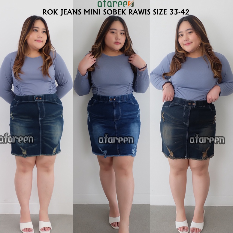 Big Sale AFAREEN  Rok Pendek Jeans Wanita Ripped Rawis  Rumbai Pinggang Karet Melar Stretch Rok Kore