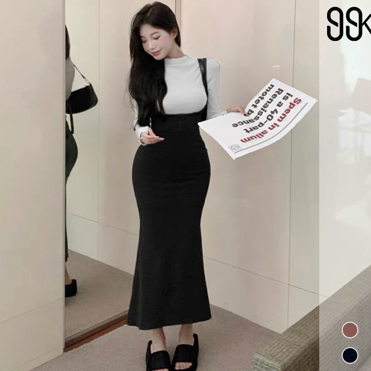 Murah Meriah One Set Turtle Neck Long Sleeve Top  Strap Midi Dress 157 SMLXL