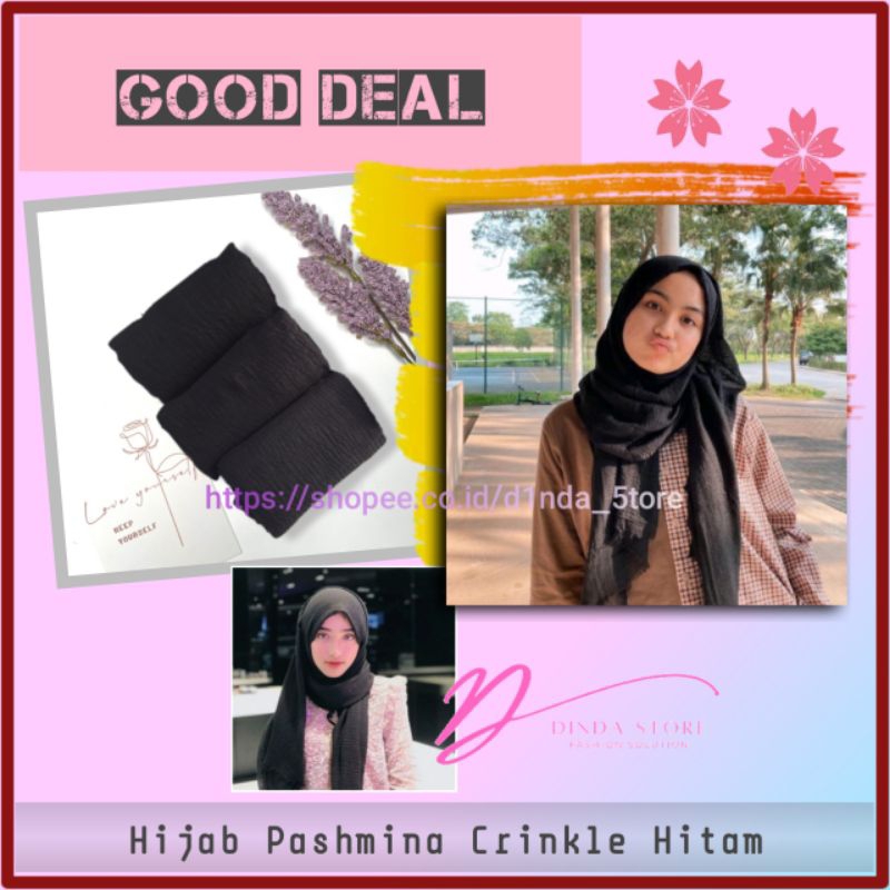 Jilbab Pashmina Hijab Kusut Segiempat kerudung Motif Lecek Polos Hitam Crinkle Black Edition Shawl F