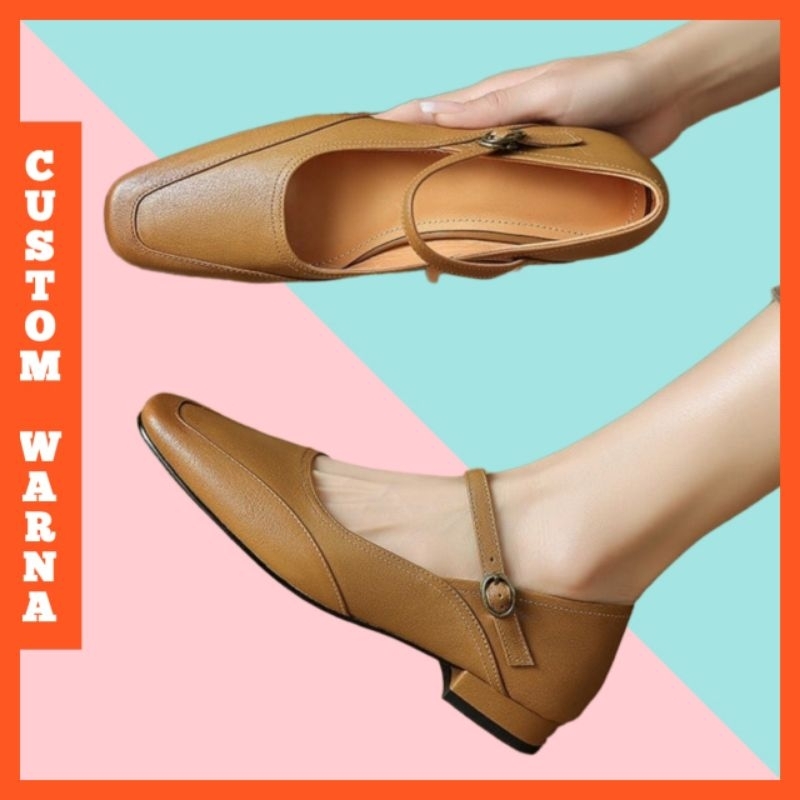 Sepatu High Heels Wanita Bahan Kulit PREMIUM Cibaduyut Bandung Kerja Kantor Custom Warna Coklat Tan 
