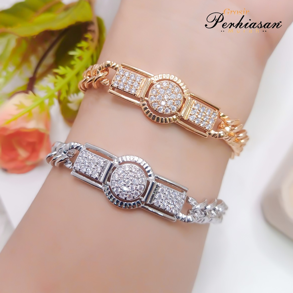 Gelang Rantai Plat Bulat Permata Model Jam Terbaru Perhiasan Wanita Lapis Emas Dan Perak