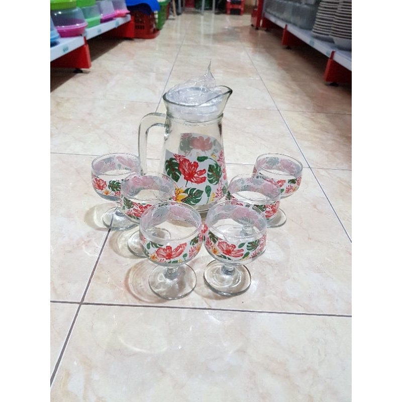Teko set beling isi cangkir 6/Eskan set Ristro 2/Sweet Rose drink set