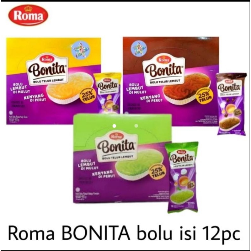 

1 box roma bonita bolu telur coklat - keju susu - pandan isi 12 bungkus