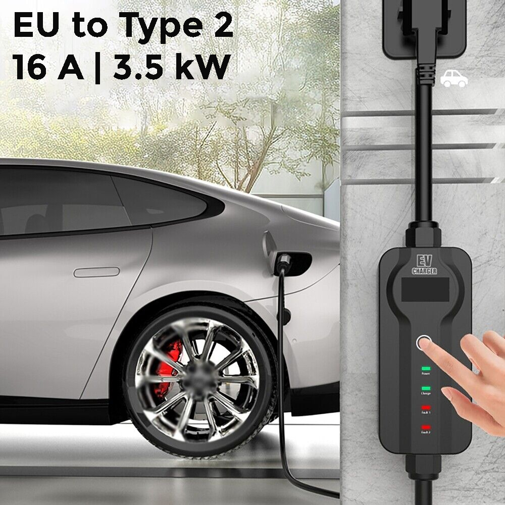 Charger Mobil Listrik Nissan Hyundai Toyota Portable EV LED 16A 3.5kW EU to Type 2 DREAMB DB1P