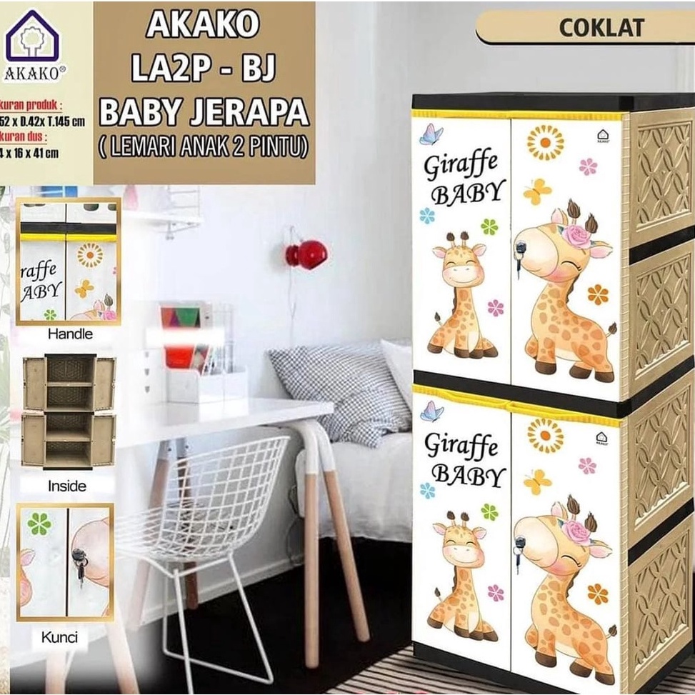 Langsung Kirim AKAKO  Lemari Plastik anak 2 pintu LA2P Motif printing Baby Jerapah Teddy Bear dan Bu