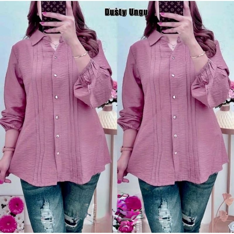 KEMEJA POLOS CRINKLE WANITA GARIS LIPATMODEL TERLARIS