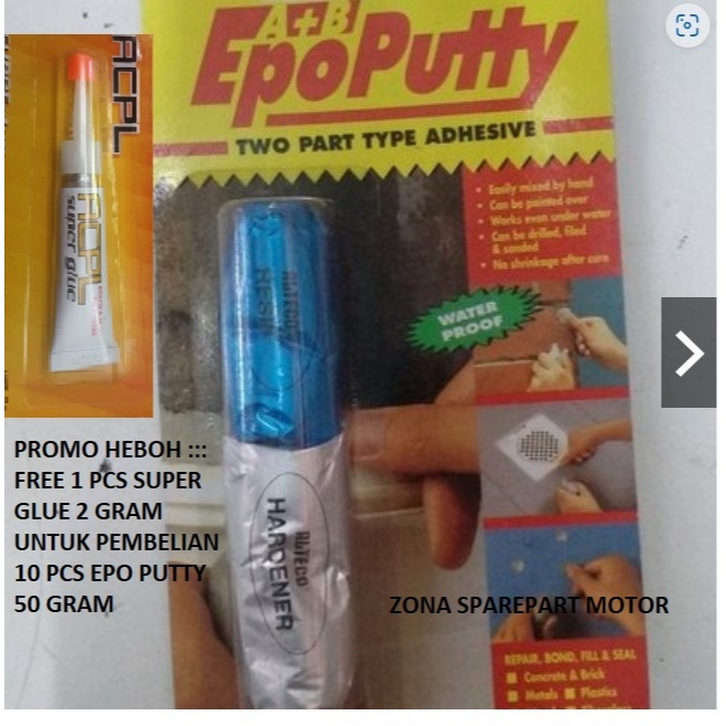 

EPO Putty PORTING LEM KAPAL water proof 50 gram ALTECO SPECIAL BONUS SUPER GLUE 2 GRAM SETIAP PEMBELIAN 6 PCS DAN KELIPATANNYA