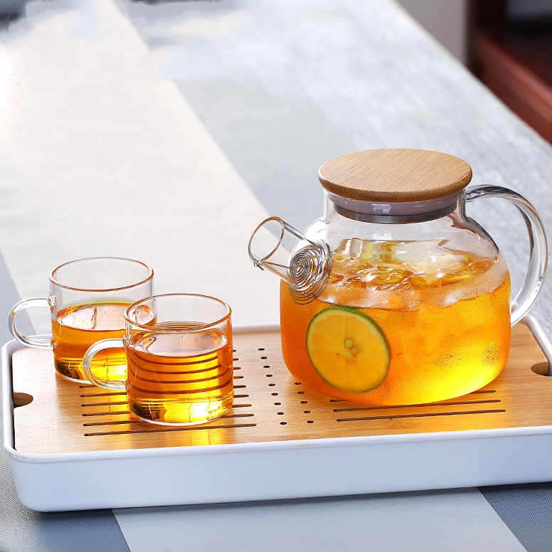 Hemat Keras Teapot Teko Teh air panas kaca dengan tutup kayu anti panas High Borosilicate berkualita