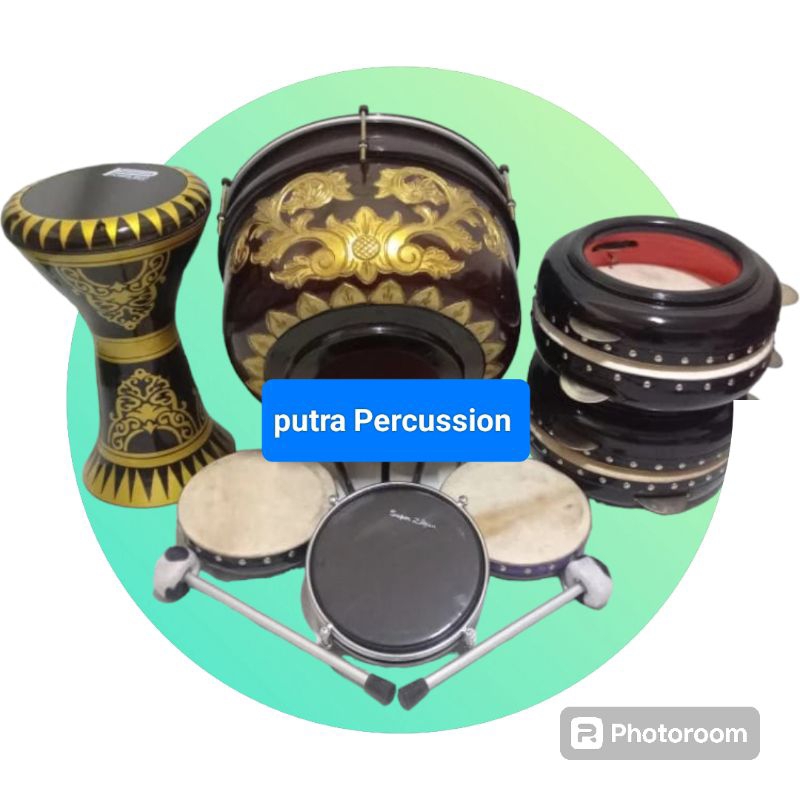Rebana Hadroh Ukir Fullset Kayu mahoni Kricik Kuningan