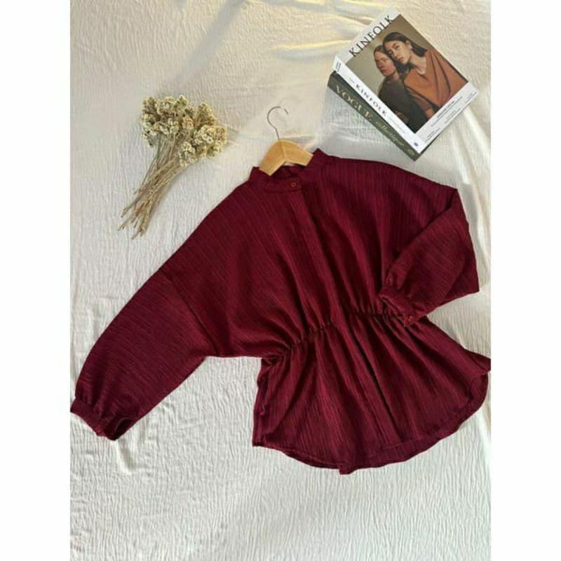 Kemeja Kerut Depan Wanita lengan Panjang Motif Polos Bahan Lady Crush Premium New Korean Style
