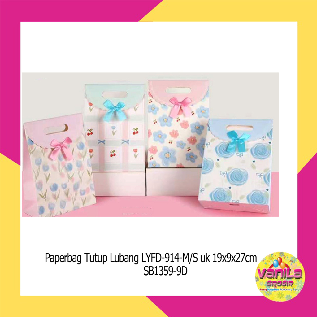Paperbag Pita Tutup Fancy Uk S, paperbag tutup lubang motif, paperbag bungkus kado, paperbag pita