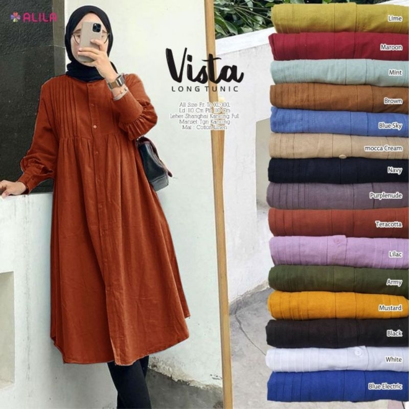 {Realpict} Vista long tunik cotton linen atasan wanita lengan panjang tunik busui kancing depan terb