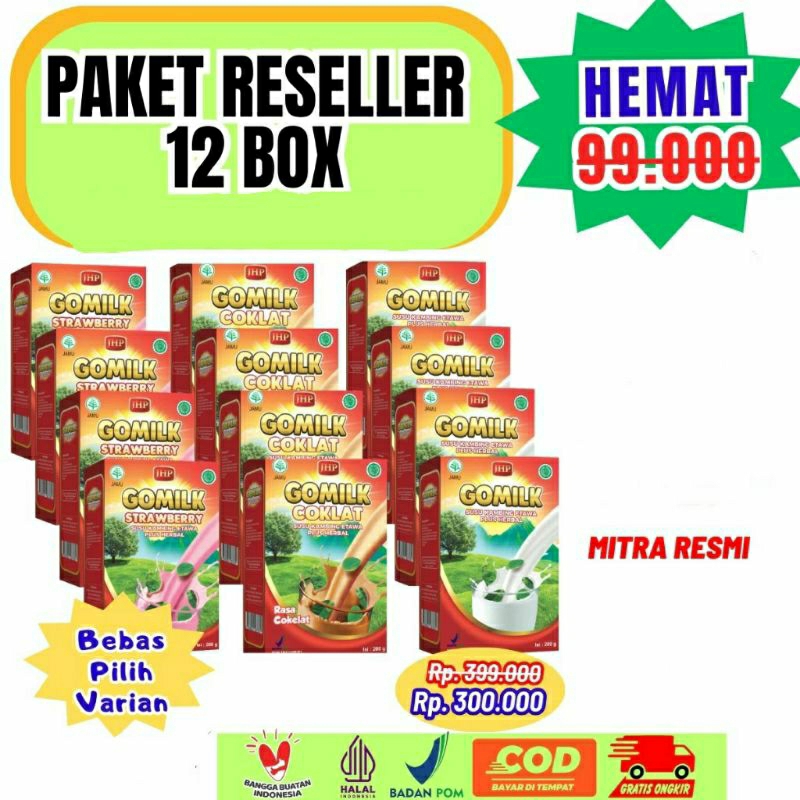 

(Paket Reseller 12 Pcs x 200Gram, Berat + Packing = 2,7kg) Gomilk susu kambing etawa Plus Herbal Gomilk Official Agen 200 Gram